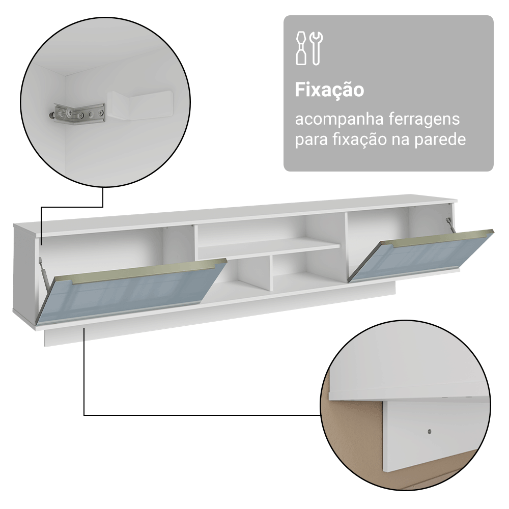 Rack Suspenso para TV até 80 Polegadas 218 cm 2 Portas Branco/Cinza Lux Madesa