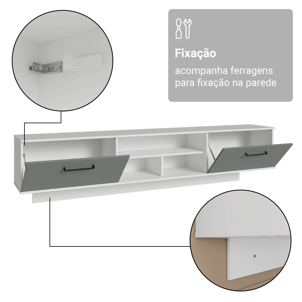 Rack Suspenso para TV até 80 Polegadas 218 cm 2 Portas Branco/Cinza Agata Madesa