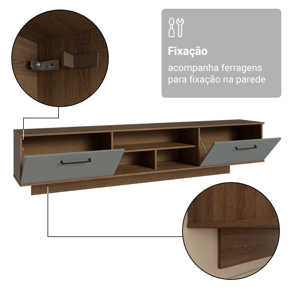 Rack Suspenso para TV até 80 Polegadas 218 cm 2 Portas Rustic/Cinza Agata Madesa