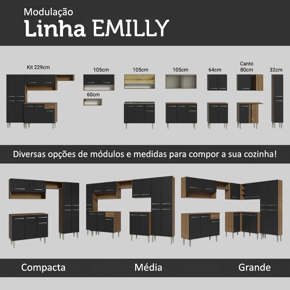 Armário de Cozinha Compacta 105cm Rustic/Preto Emilly Madesa