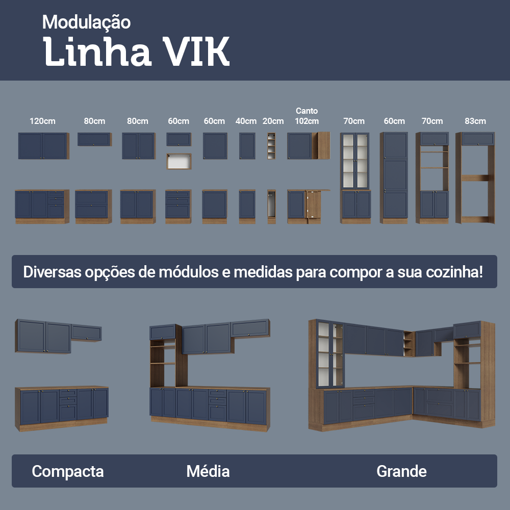 Paneleiro 60 x 60 cm 3 Portas Rustic/Azul Vik Madesa