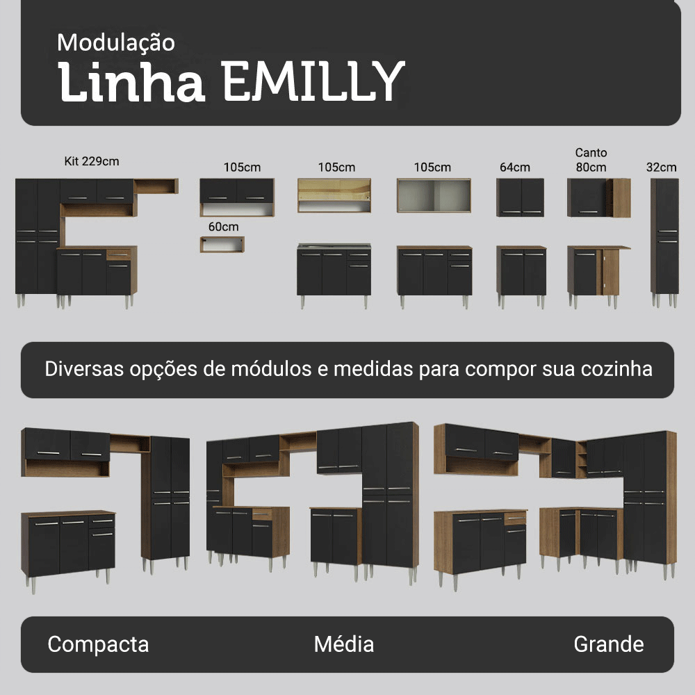 Balcão Gabinete com Pia 3 Portas e 1 Gaveta 105cm Rustic/Preto Emilly Madesa