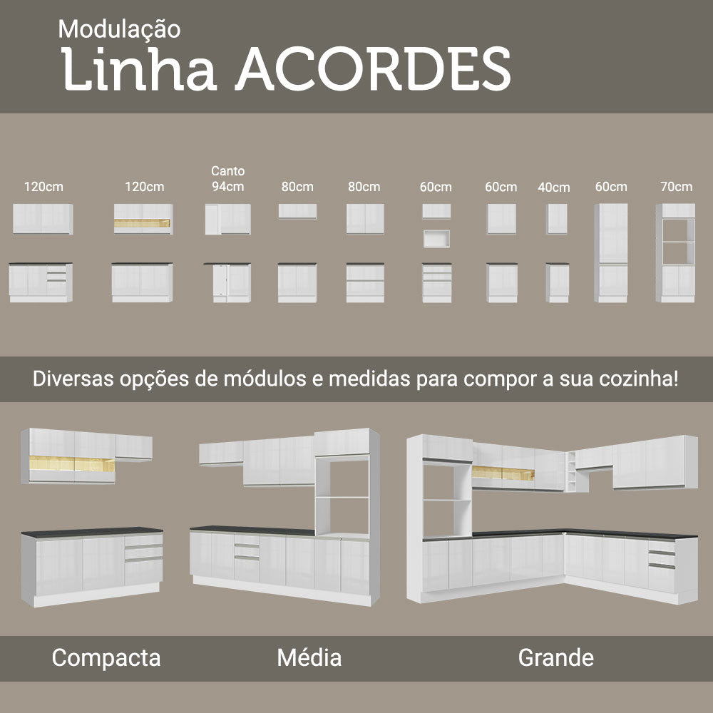 Balcão Cozinha 100% MDF 120 cm 2 Portas Branco Acordes Madesa