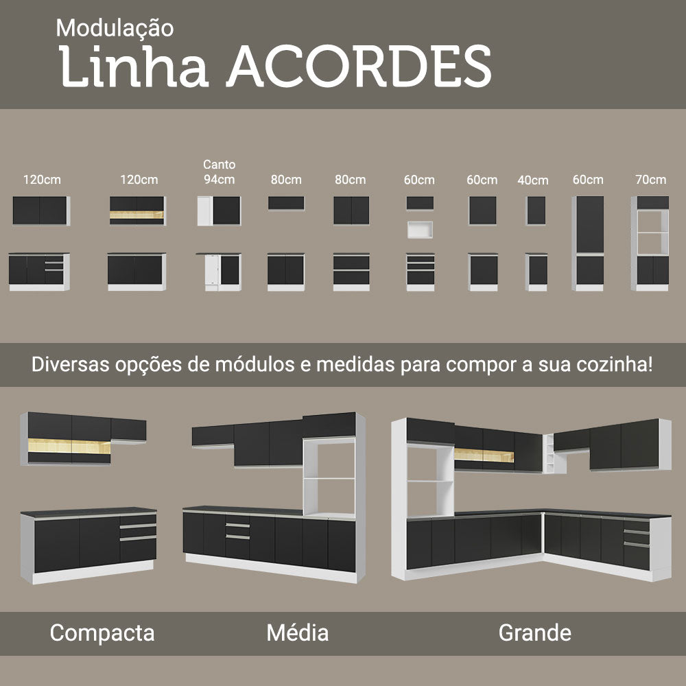 Balcão 100% MDF 60 cm 3 Gavetas Branco/Preto Acordes Madesa