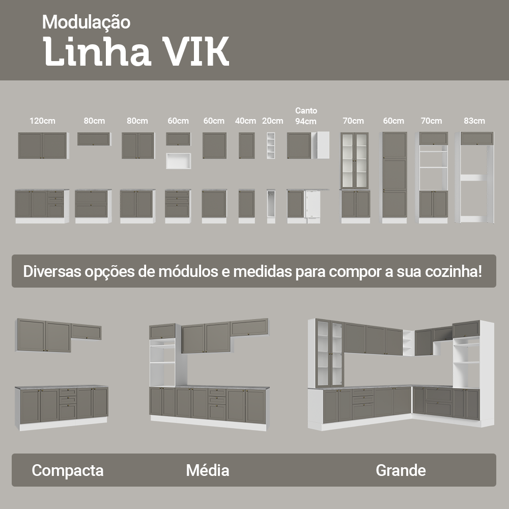 Paneleiro 60 cm 3 Portas Branco/Cinza Vik Madesa