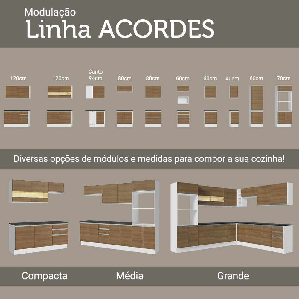 Armário de Cozinha Completa de Canto 100% MDF 419cm Rustic/Branco Acordes Madesa 01