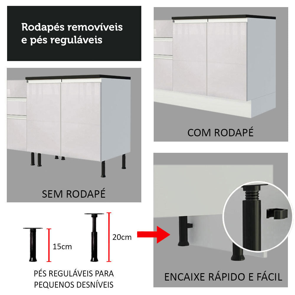Armário de Cozinha Completa de Canto 100% MDF 419cm Frentes Branco Brilho Acordes Madesa 03