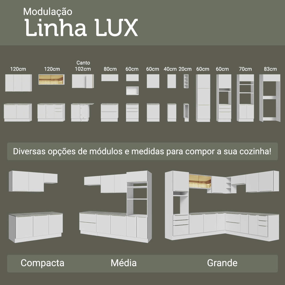 Armário de Cozinha Completa 400 x 60 cm Branco Veludo Lux da Thauane Madesa