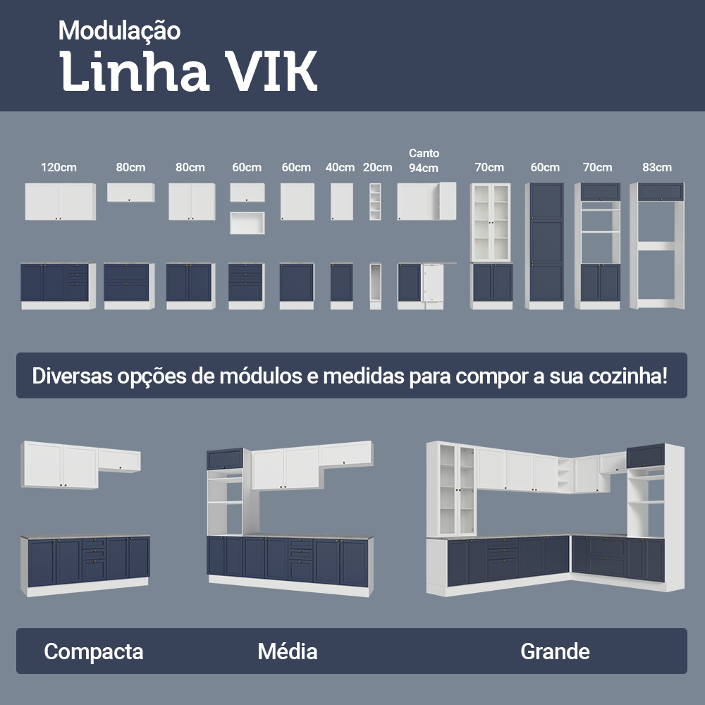 Armário de Cozinha Completa 270 cm Branco/Azul/Branco Vik Madesa 01