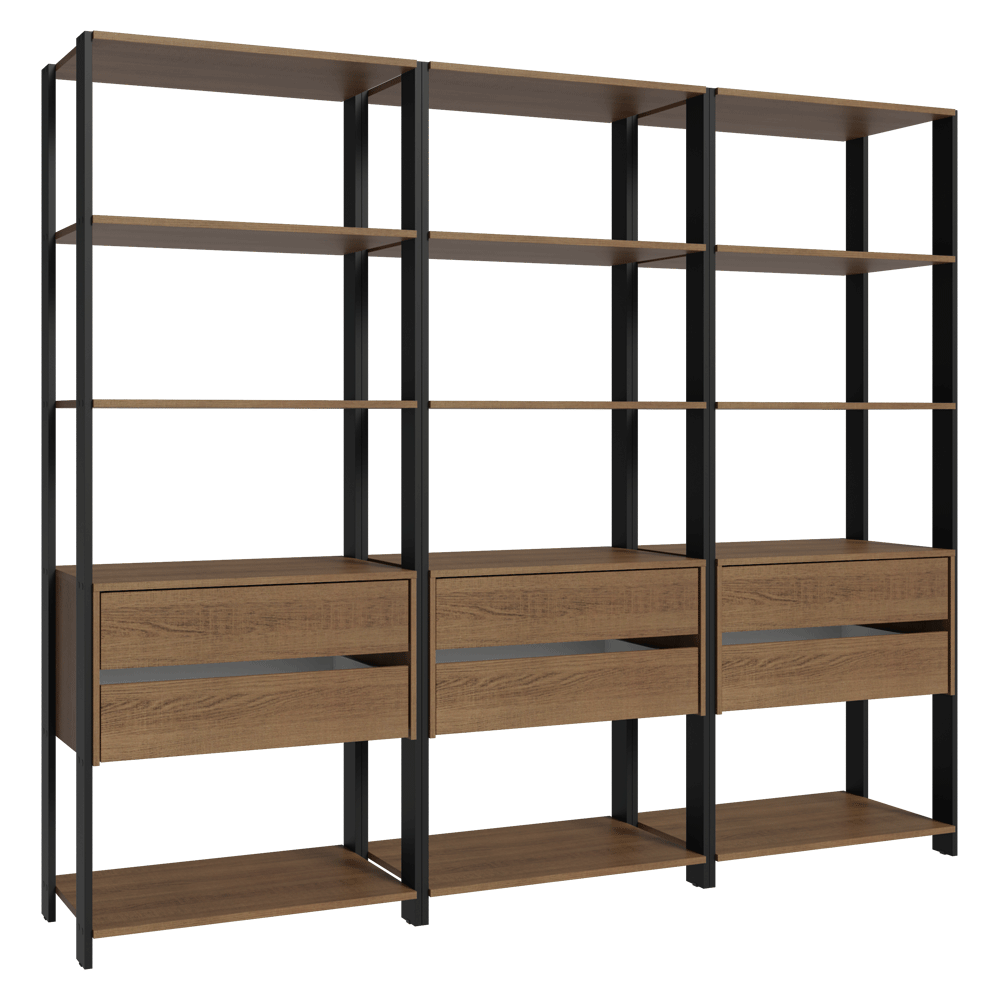 Estante Armário Multiuso para Livros 6 Gavetas 12 prateleiras 210cm Rustic/Preto Madesa