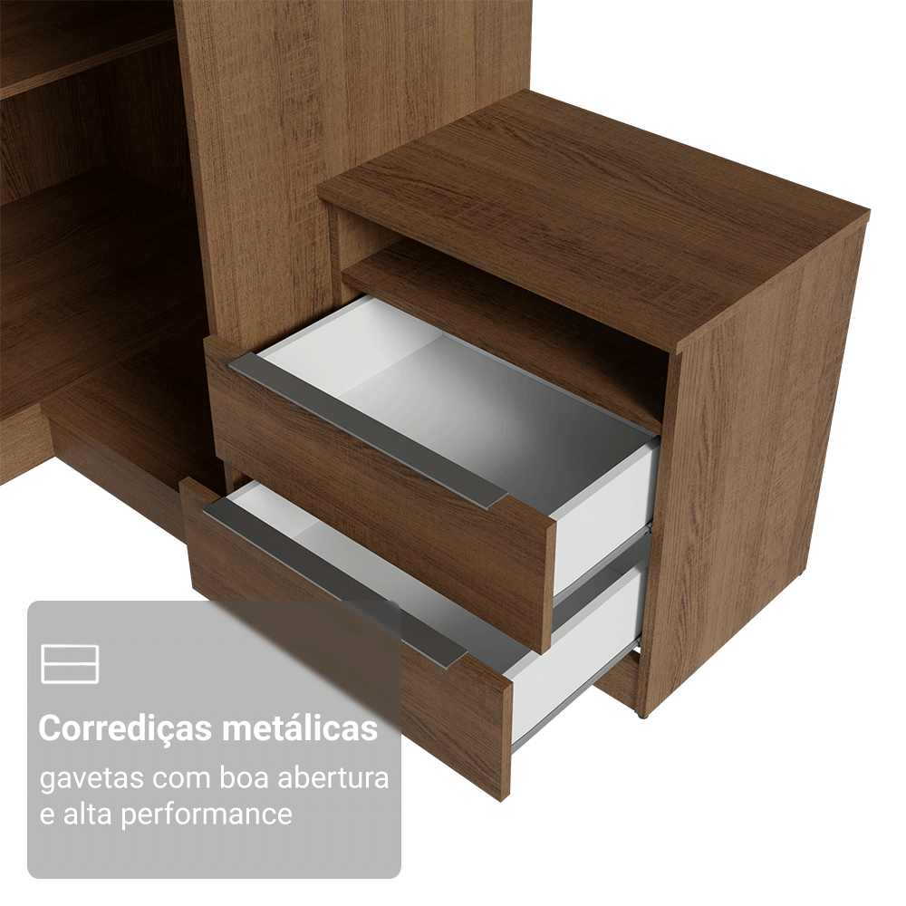 Quarto Completo Casal de Canto 580 cm com Mesa de Cabeceira Rustic/Crema Neo Madesa