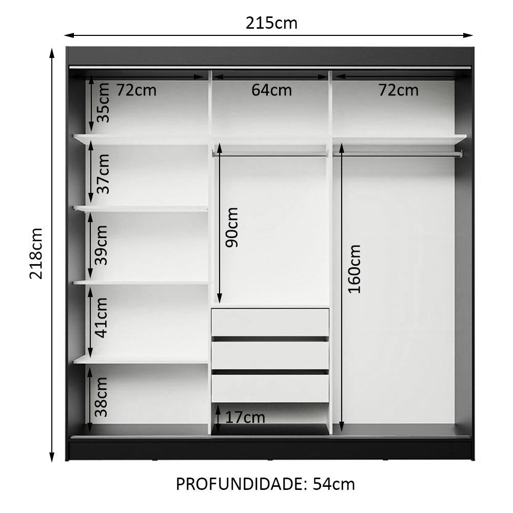 Guarda-Roupa Casal Madesa Kansas 3 Portas de Correr de Espelho 3 Gavetas Preto/Branco