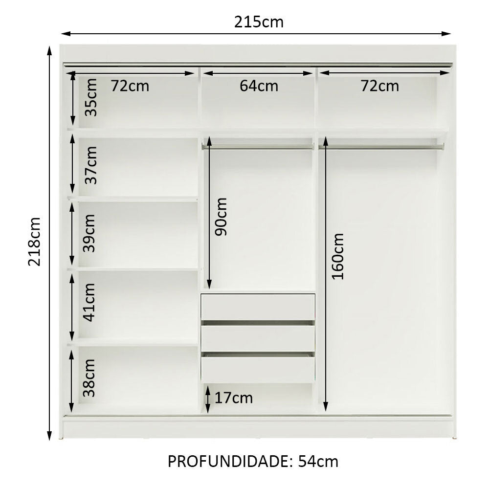 Guarda-Roupa Casal Madesa Kansas 3 Portas de Correr de Espelho 3 Gavetas Branco/Rustic