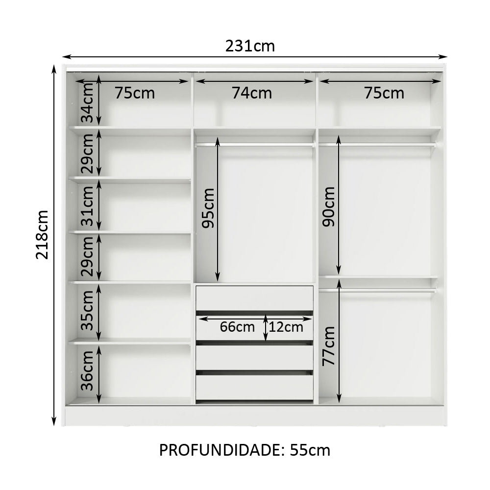 Guarda-Roupa Casal 100% MDF Madesa Royale 3 Portas de Correr com Espelho Branco/Preto