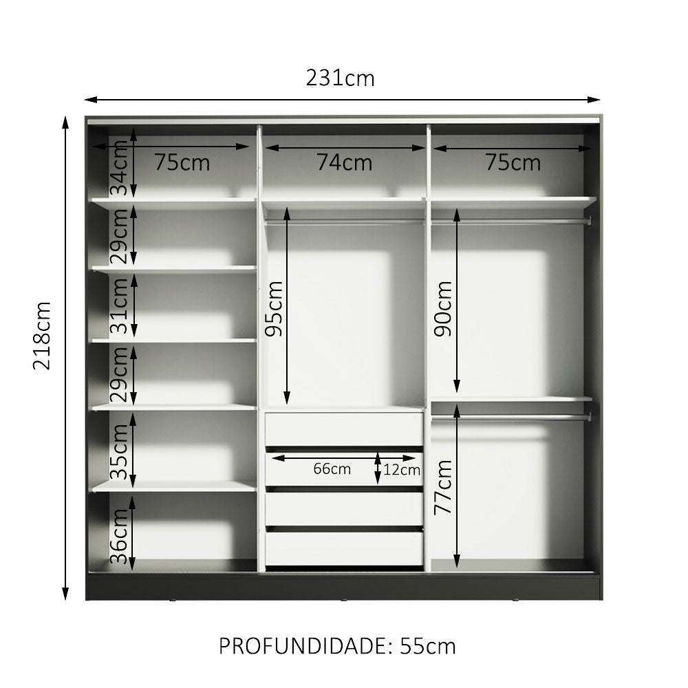 Guarda-Roupa Casal 100% MDF Madesa Royale 3 Portas de Correr Preto/Branco/Preto