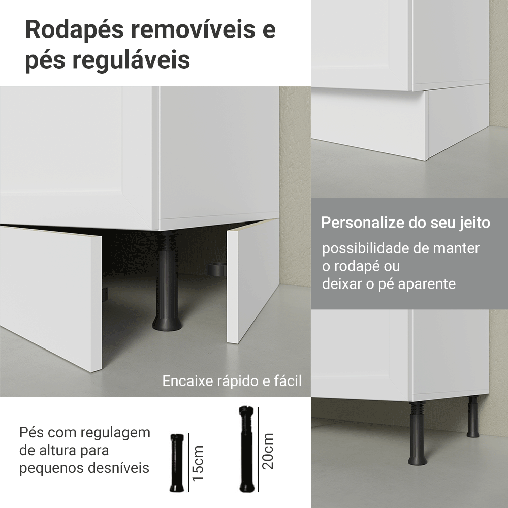 Balcão de Cozinha 120 x 60 cm 2 Portas 3 Gavetas (Com Tampo) Branco Vik Madesa