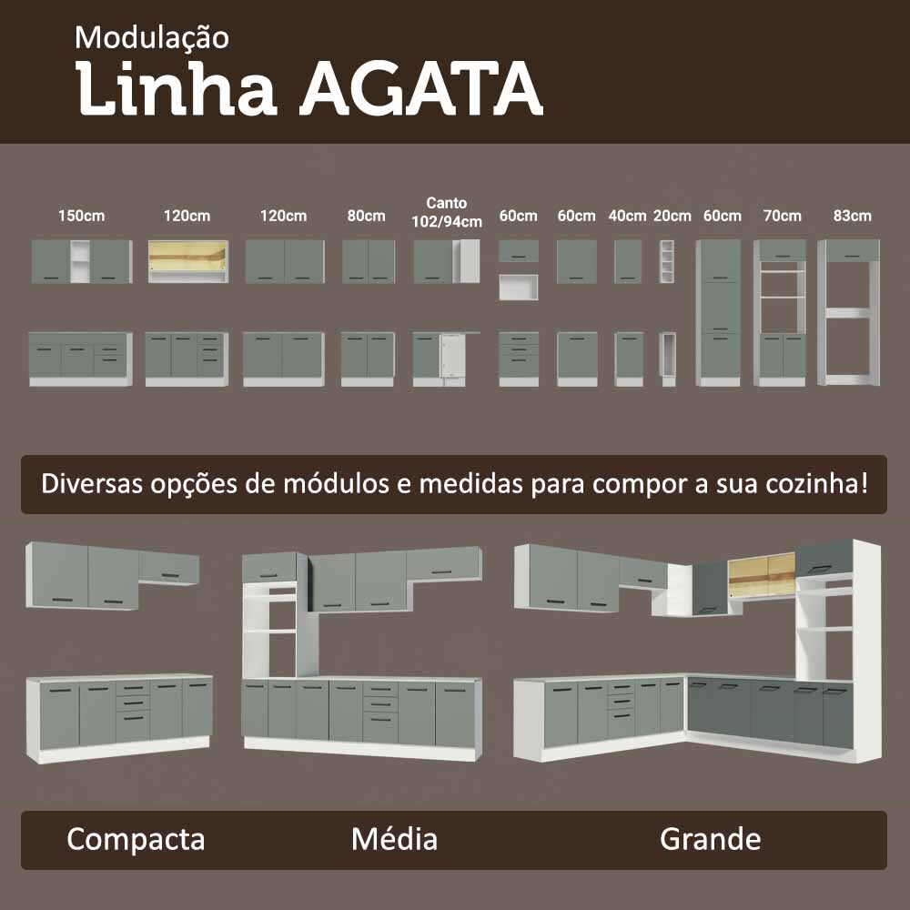 Armário de Cozinha Completa 549cm Branco/Cinza Agata Madesa 01