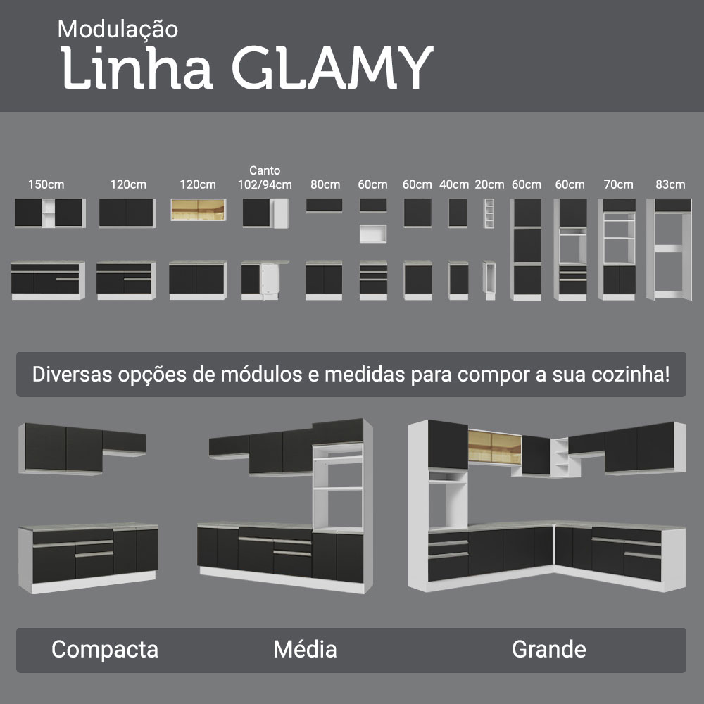 Armário de Cozinha Completa 270 cm Branco/Preto Glamy Madesa 17