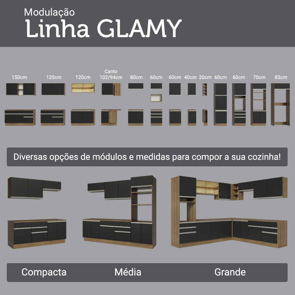 Armário de Cozinha Completa 270 cm Rustic/Preto Glamy Madesa 17