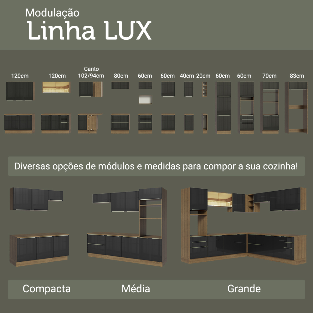 Armário de Cozinha Completa 270 cm Rustic/Preto Lux Madesa 08