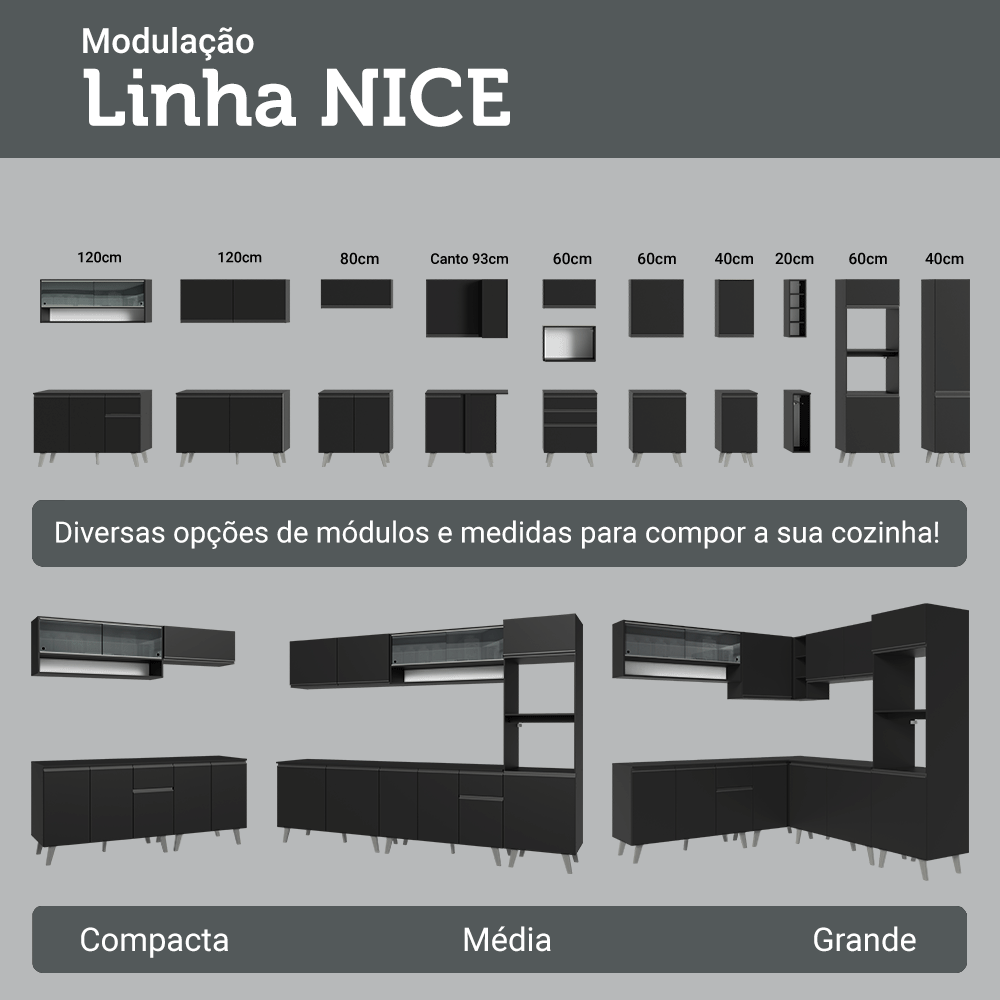 Armário de Cozinha Completa 300 cm Suspenso Preto Nice Madesa 06