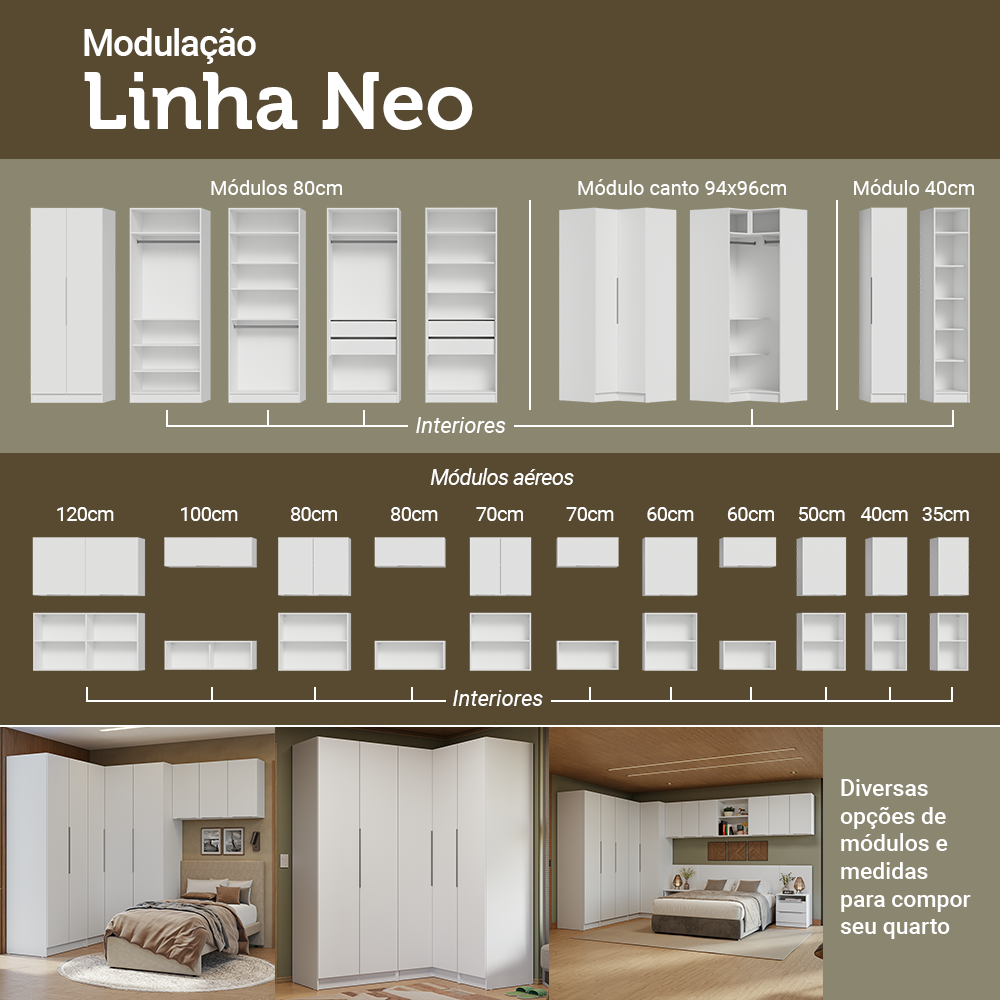 Quarto Infantil com 2 Guarda-Roupas Neo com Espelhos 2 Aéreos 1 Cômoda Branco Madesa 04