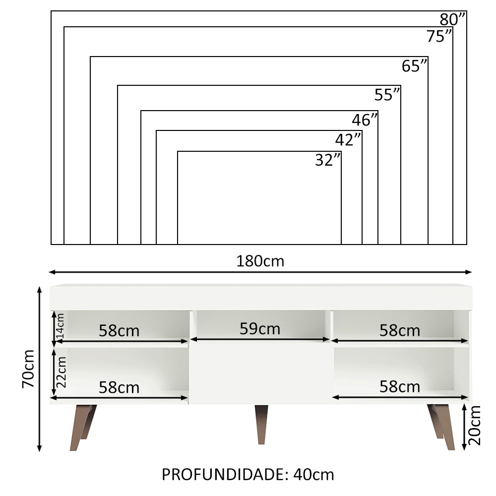 Rack para TV até 75 Polegadas Lille Madesa 180 cm 1 Porta Branco