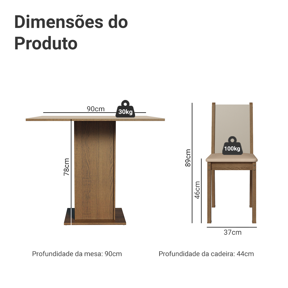 Conjunto Sala de Jantar Mesa Tampo de Madeira com 4 Cadeiras Rustic/Crema/Sintético Bege Madesa Alana