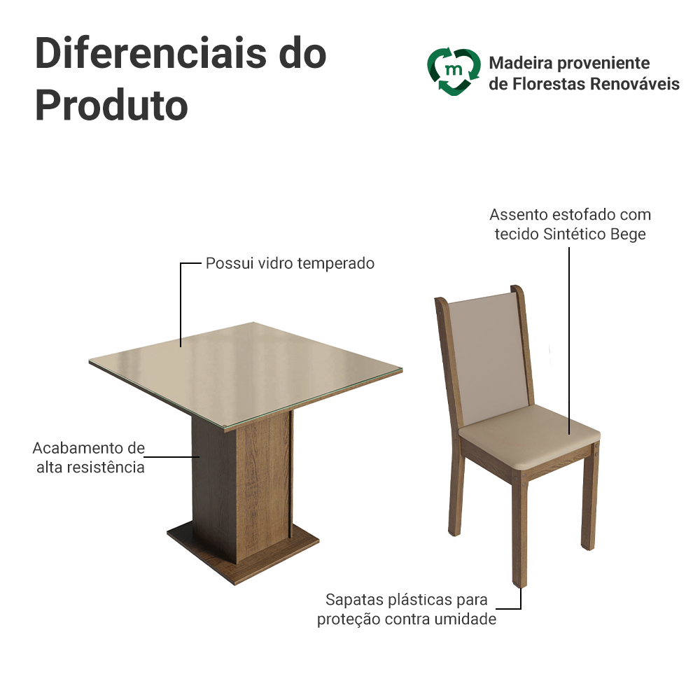 Conjunto Sala de Jantar Mesa Tampo de Vidro com 4 Cadeiras Rustic/Crema/Sintético Bege Moscou Plus Madesa