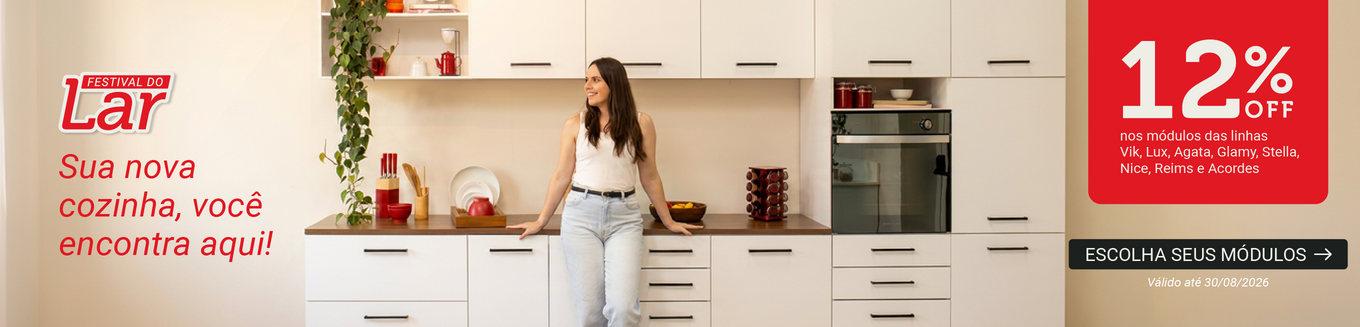 Festival do Lar Madesa: 12% OFF nos módulos das linhas Vik, Lux, Agata, Glamy, Stella, Nice, Reims e Acordes. Cozinha planejada branca com bancada de madeira.