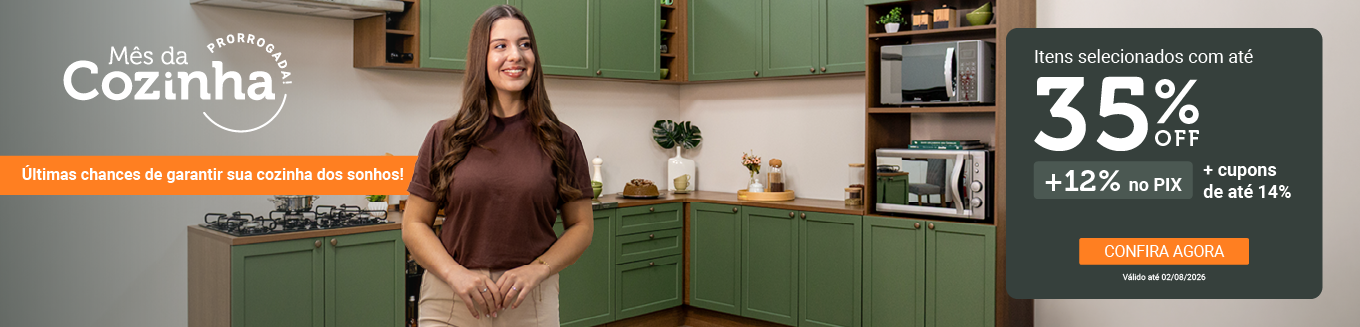 Mês da Cozinha Madesa: cozinha planejada verde com até 35% OFF, 12% no Pix e cupons de até 14% em cozinhas em promoção.