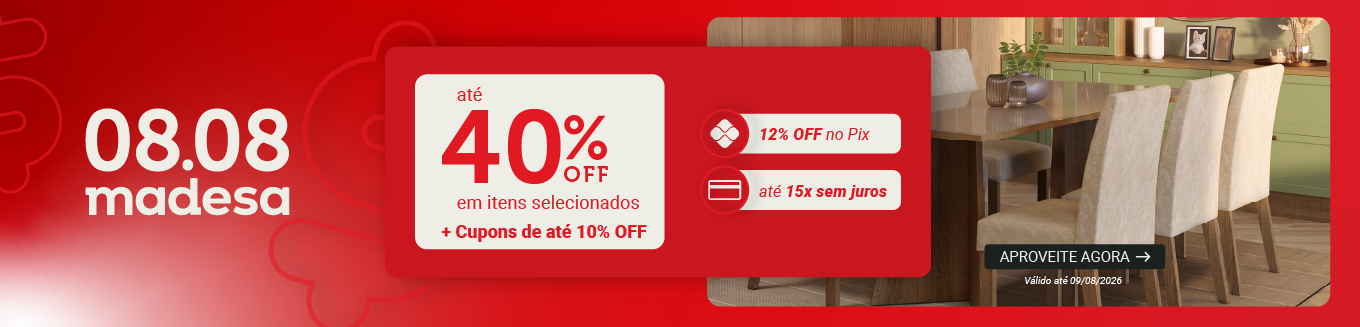 Festival do Lar Madesa 08.08: até 40% OFF em itens selecionados, 12% OFF no Pix e até 15x sem juros. Sala de jantar com mesa de madeira e cadeiras bege.