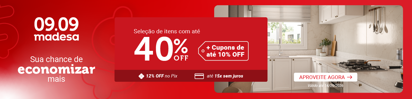 Festival do Lar Madesa: até 40% OFF em itens selecionados, 12% OFF no Pix e até 15x sem juros. Cozinha planejada branca com ilha central. APROVEITE AGORA Válido até 14/09/2026