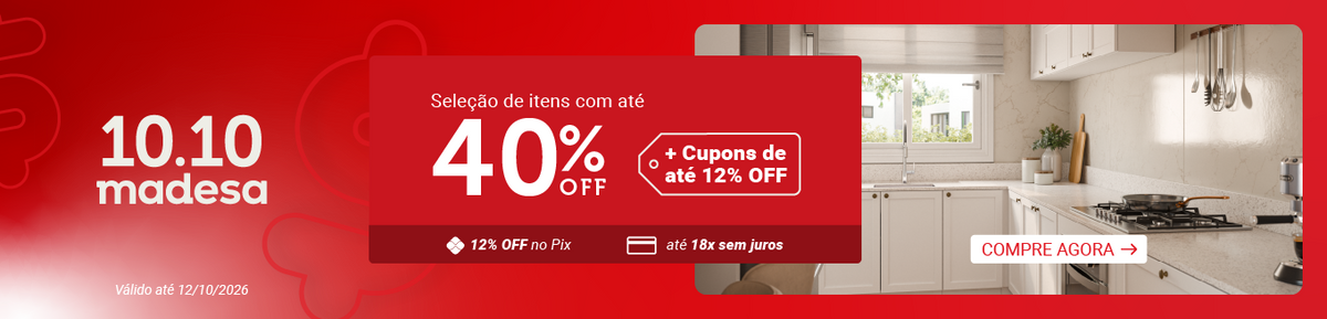 10.10 Madesa: até 40% OFF + cupons de até 12% OFF, 12% OFF no Pix e até 18x sem juros. Cozinha Vik branca. CTA: APROVEITE AGORA. Válido até 11/10/2026