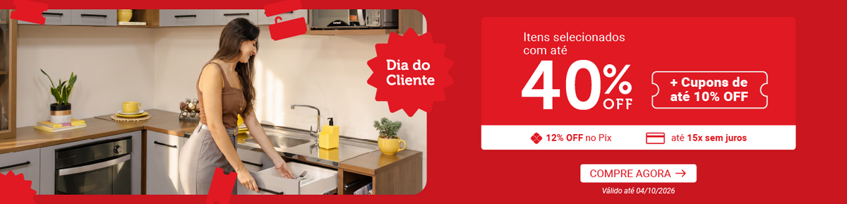 Festival do Lar Madesa: até 40% OFF em itens selecionados, 12% OFF no Pix e até 15x sem juros. Cozinha planejada branca com ilha central. APROVEITE AGORA Válido até 14/09/2026