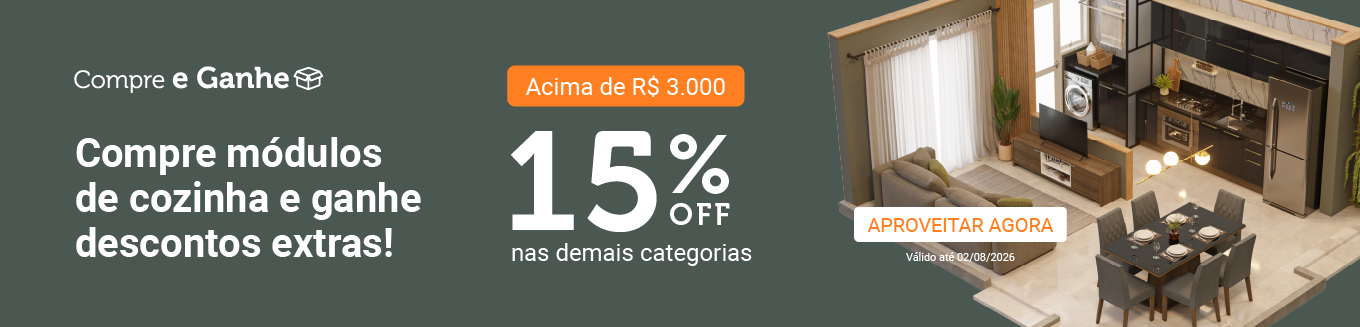 Cozinha americana planejada Madesa: compre módulos acima de R$ 3.000 e ganhe 15% OFF nas demais categorias no Mês da Cozinha.