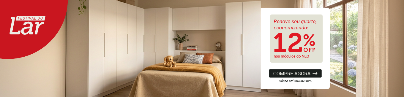 Festival do Lar Madesa: 12% OFF nos módulos do NEO para renovar seu quarto. Dormitório planejado com guarda-roupa branco e cama de casal.