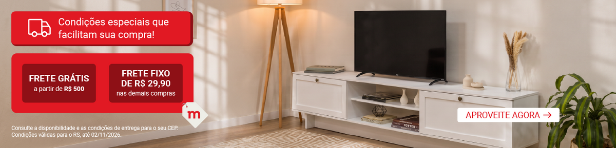 Para RS: frete grátis a partir de R$ 500 ou frete fixo de R$ 29,90 nas demais compras. Rack branco para TV. CTA: APROVEITE AGORA. Até 02/11/2026.