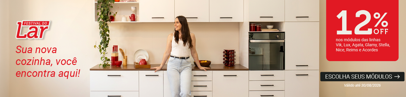 Festival do Lar Madesa: 12% OFF nos módulos das linhas Vik, Lux, Agata, Glamy, Stella, Nice, Reims e Acordes. Cozinha planejada branca com bancada de madeira.
