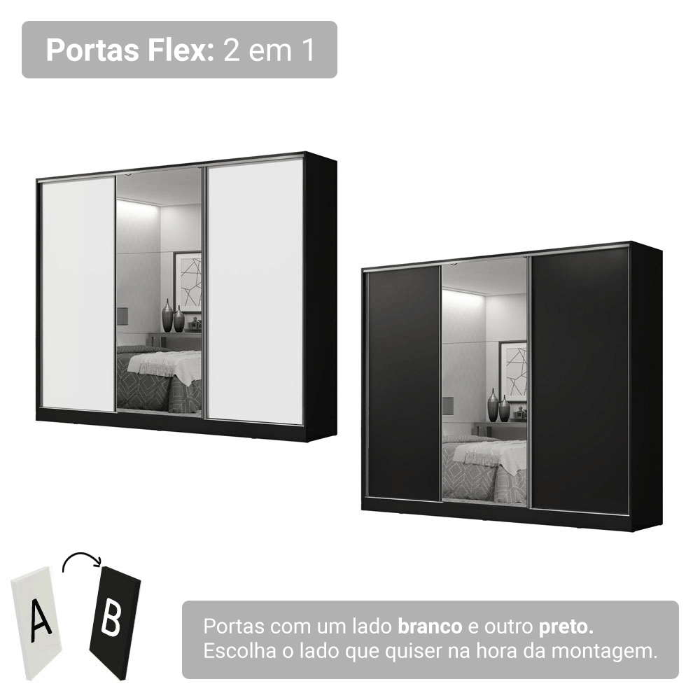 Guarda-Roupa Casal 100% MDF 3 Portas de Correr com Espelho Preto Royale Madesa