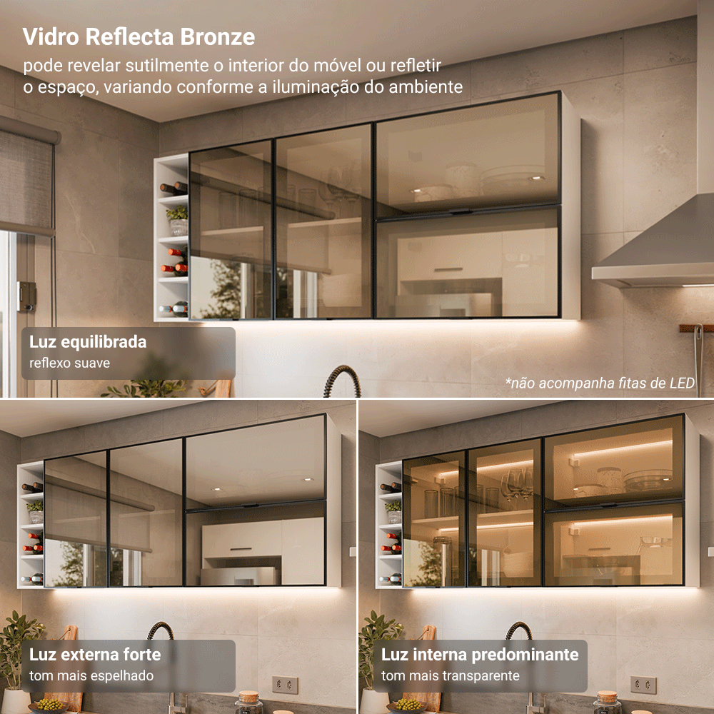 Kit 4 Armários Aéreos de Cozinha 120 cm Branco/Preto Vidro Reflecta Bronze Vinil Madesa
