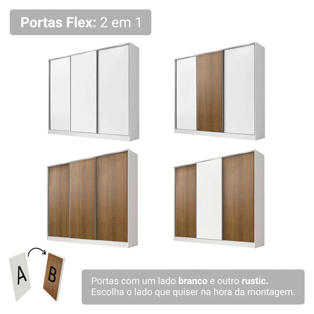 Guarda-Roupa Casal 100% MDF 3 Portas de Correr Branco Royale Madesa