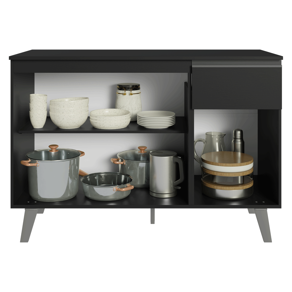 Balcão de Cozinha 120 cm 3 Portas 1 Gaveta Com Pés Preto Nice Madesa