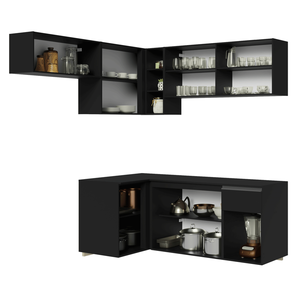 Armário de Cozinha Completa de Canto Suspenso 325 cm Preto Nice Madesa 05