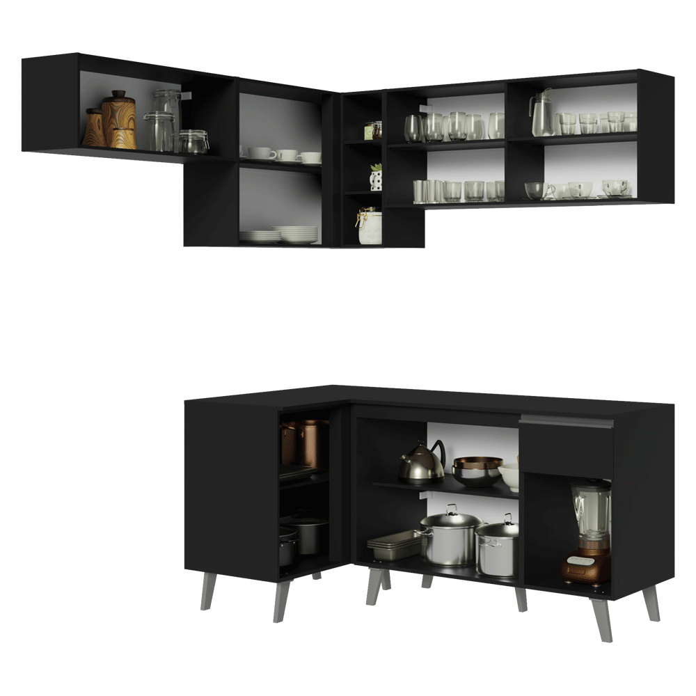Armário de Cozinha Completa de Canto 325 cm Preto Nice Madesa 06