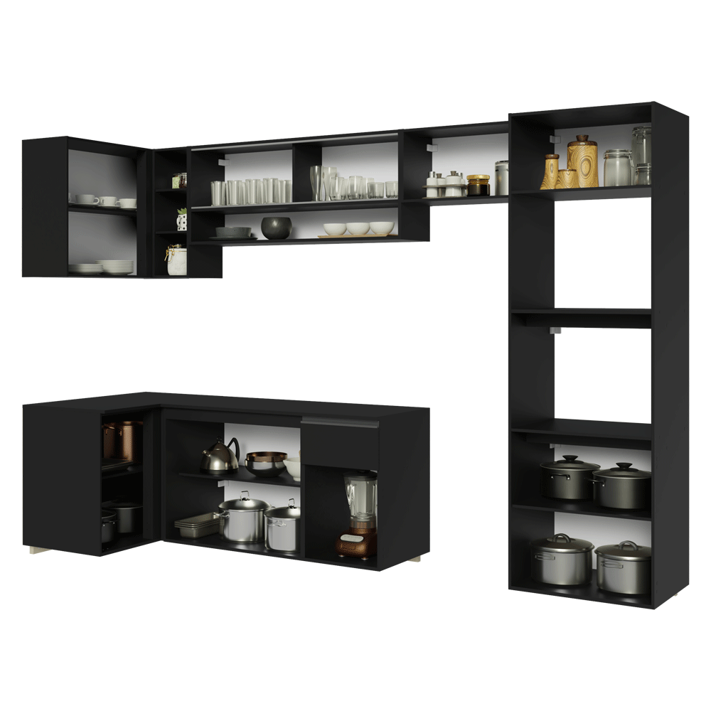 Armário de Cozinha Completa de Canto Suspenso 385 cm Preto Nice Madesa 01