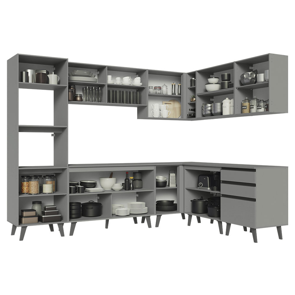 Armário de Cozinha Completa de Canto 465cm Cinza Nice Madesa 01