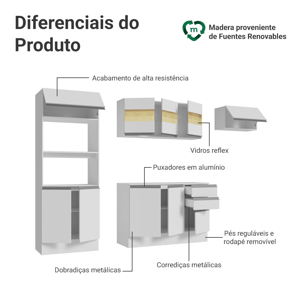 Armário de Cozinha Completa 100% MDF 250cm Branco Smart Madesa 03