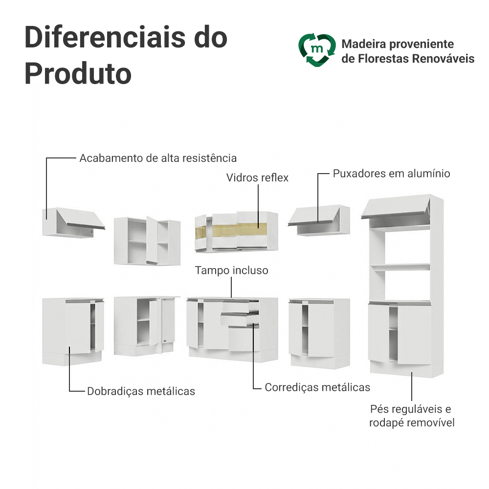 Armário de Cozinha Completa de Canto 100% MDF 447cm Frentes Branco Smart Madesa 02