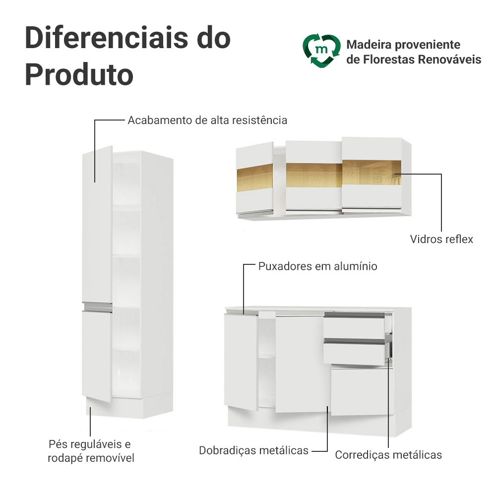 Armário de Cozinha Compacta 100% MDF 170 cm Branco Smart Madesa 01